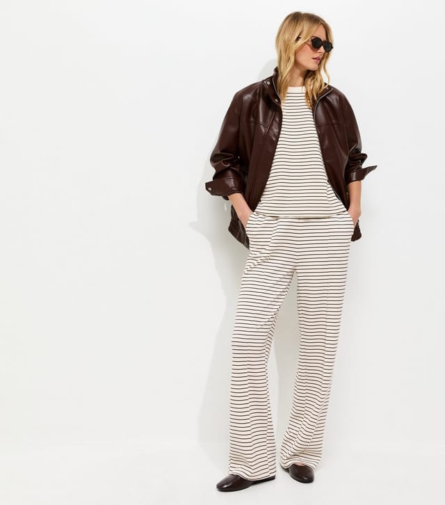 New Look Women's Tall Premium Brown Heavyweight Cotton Striped Wide Leg Trousers New Look - 2