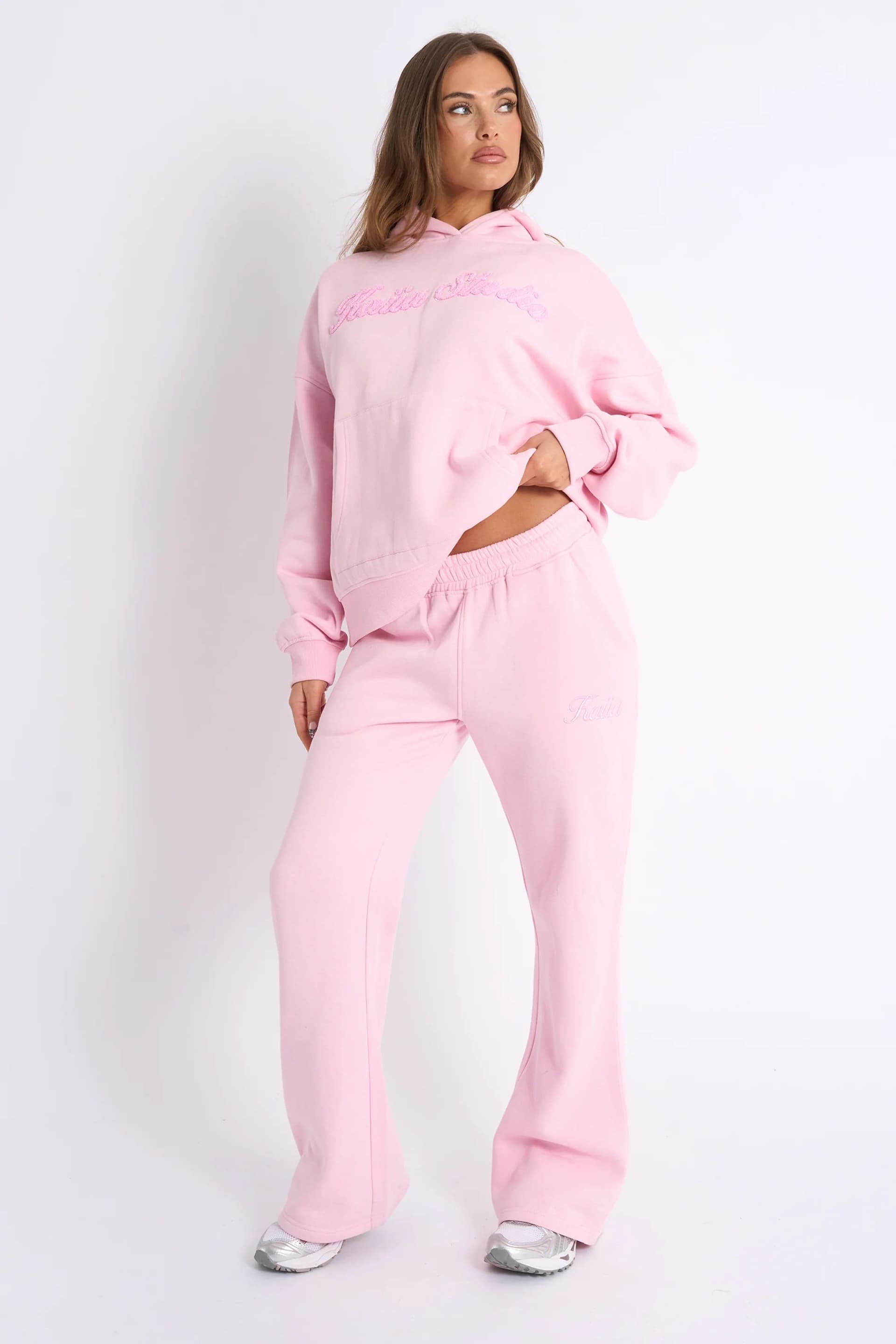 Kaiia Kaiia Script Logo Wide Leg Joggers Baby Pink