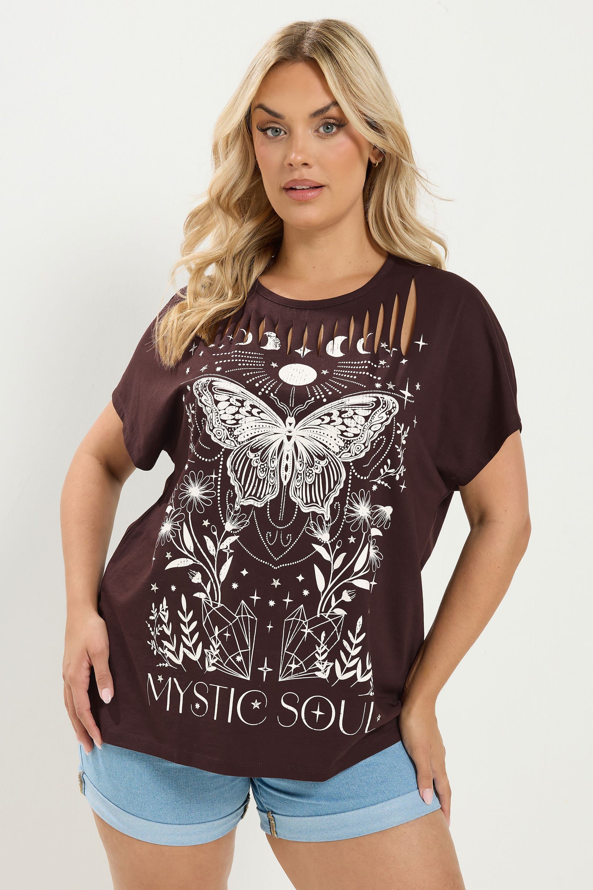 Yours Plus Size Brown 'Mystic Soul' Laser Cut Slogan Tshirt