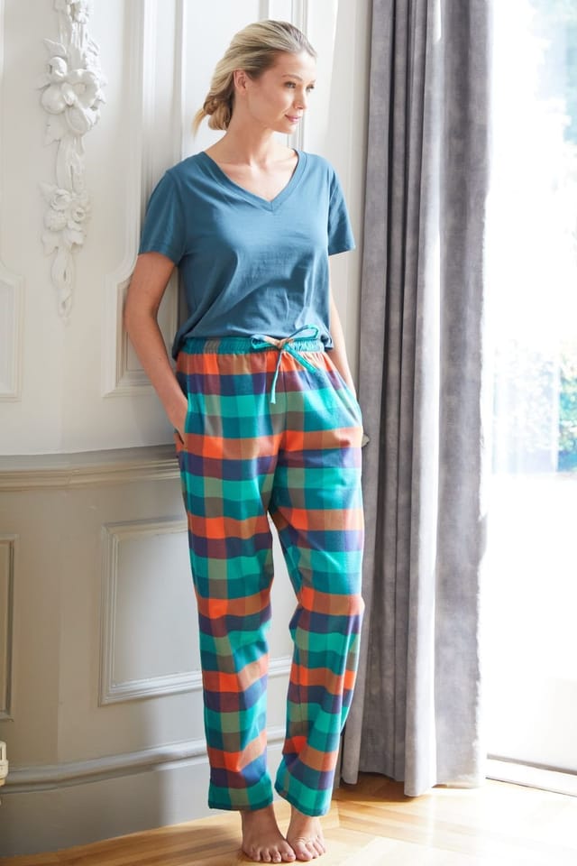 British Boxers British Boxers Women's "Acorn Squash" Check Brushed Cotton Pyjama Trousers in Teal - 2