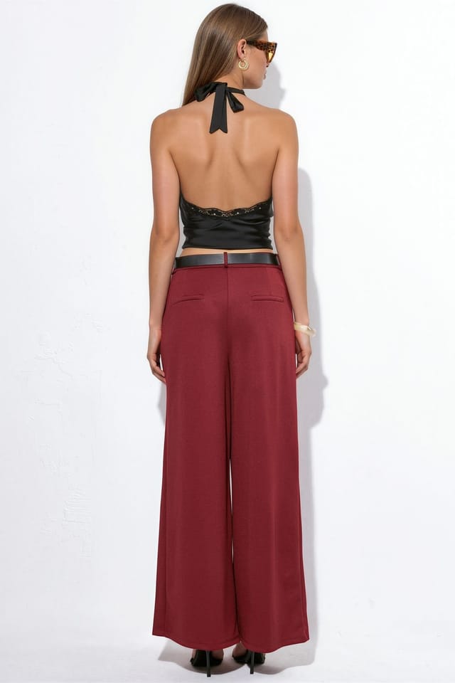 Busem Busem Women's High-Waist Wide-Leg Crepe Trousers With Belt in Burgundy - 3