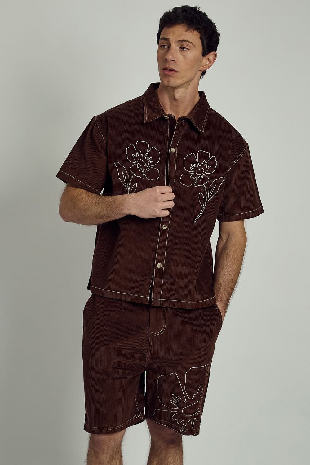 Native Youth Native Youth Men's Cotton Corduroy Floral Embroidered Boxy Short Sleeve Shirt in Brown
