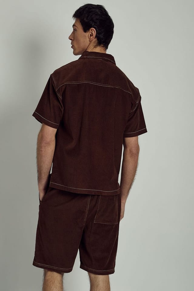 Native Youth Native Youth Men's Cotton Corduroy Floral Embroidered Boxy Short Sleeve Shirt in Brown - 2