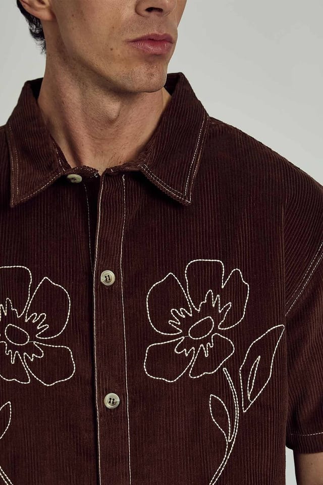 Native Youth Native Youth Men's Cotton Corduroy Floral Embroidered Boxy Short Sleeve Shirt in Brown - 3