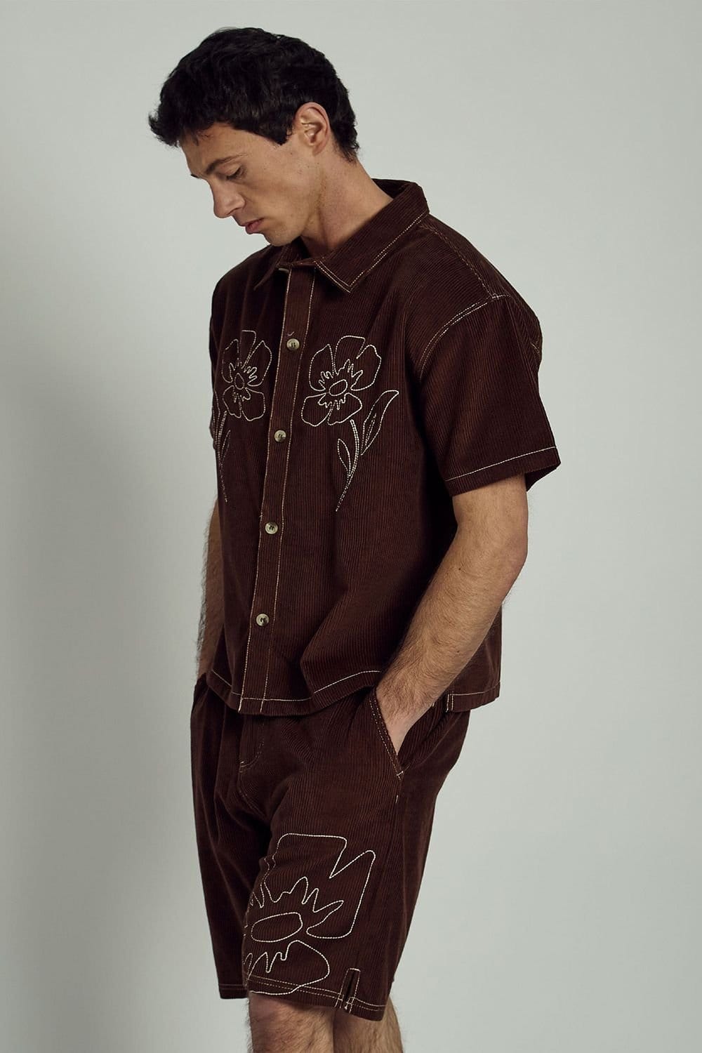 Native Youth Native Youth Men's Cotton Corduroy Floral Embroidered Boxy Short Sleeve Shirt in Brown - 4
