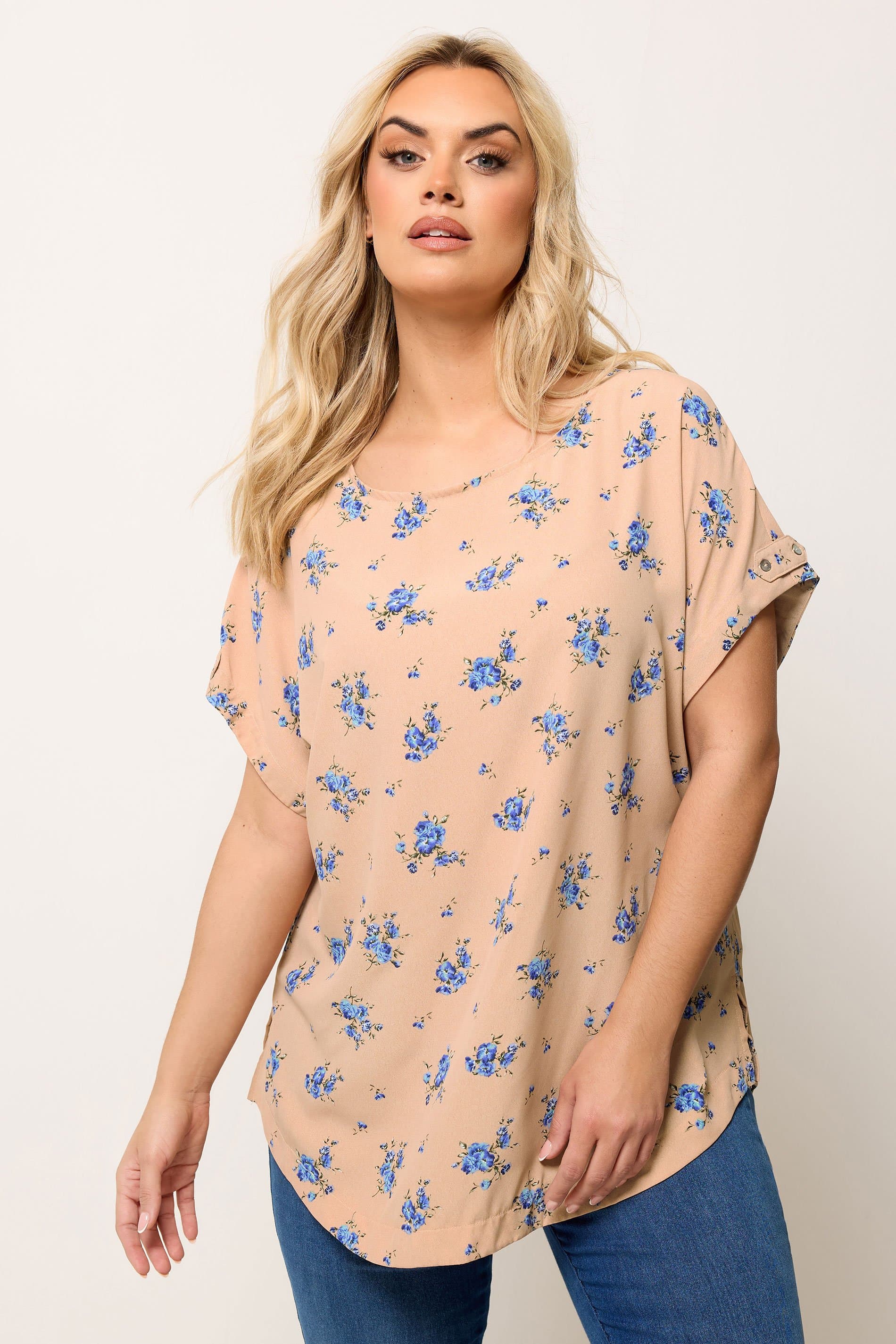 Yours Plus Size Pink Floral Tab Sleeve Top