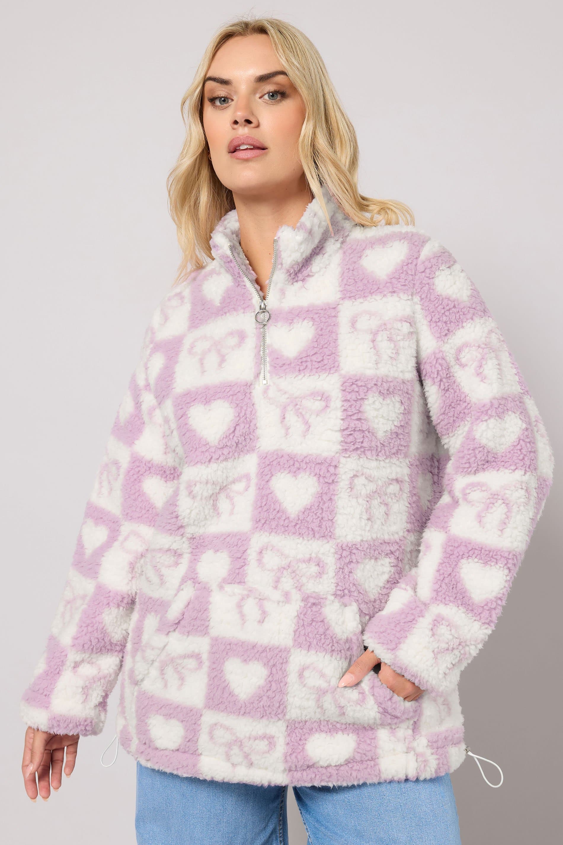 Yours Plus Size Pink Check Quarter Zip Fleece Jacket