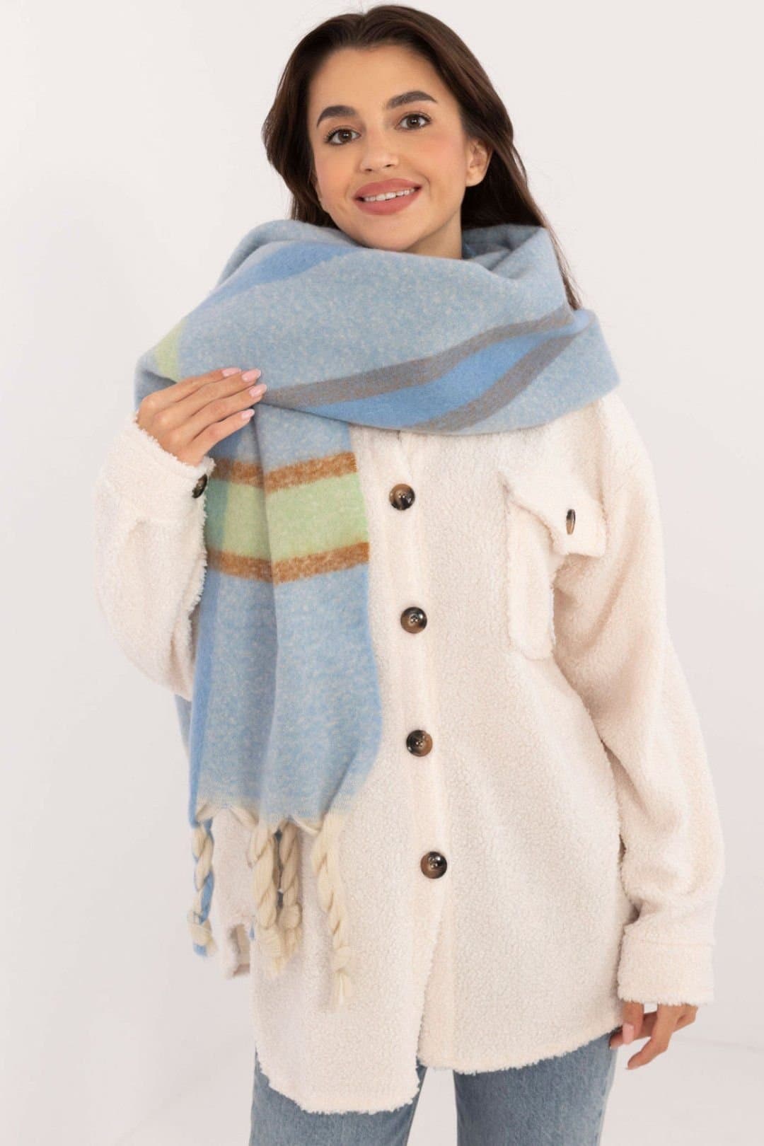 Love Lace Love Lace Women's Elegant Checkered Polyester Scarf with Tassels for Winter in Blue