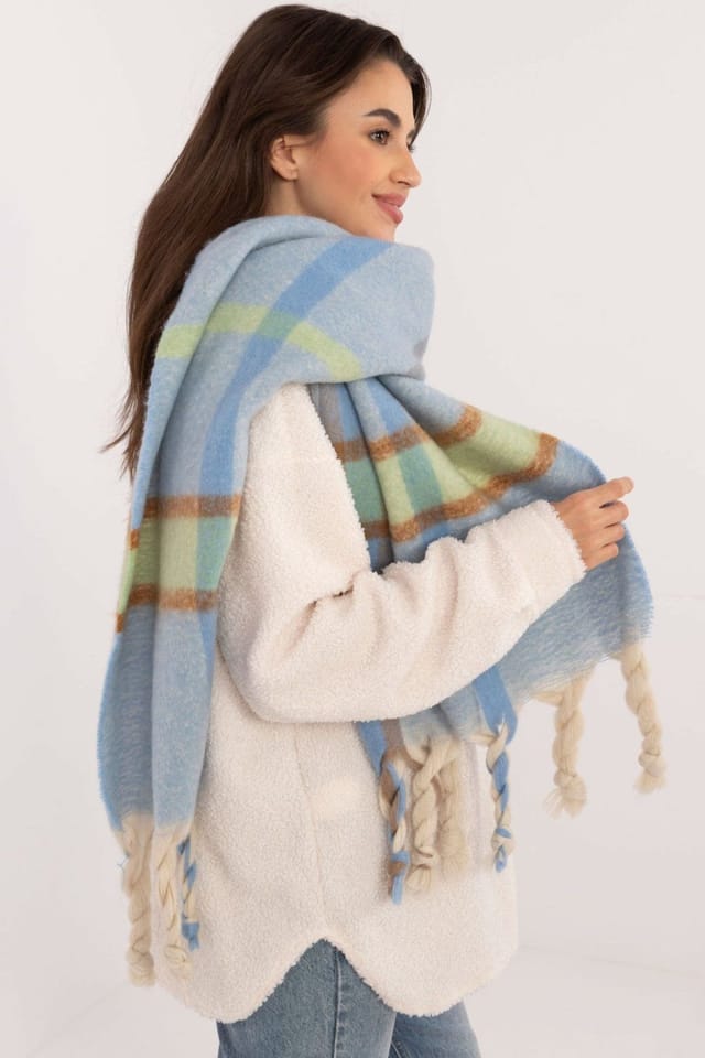 Love Lace Love Lace Women's Elegant Checkered Polyester Scarf with Tassels for Winter in Blue - 2