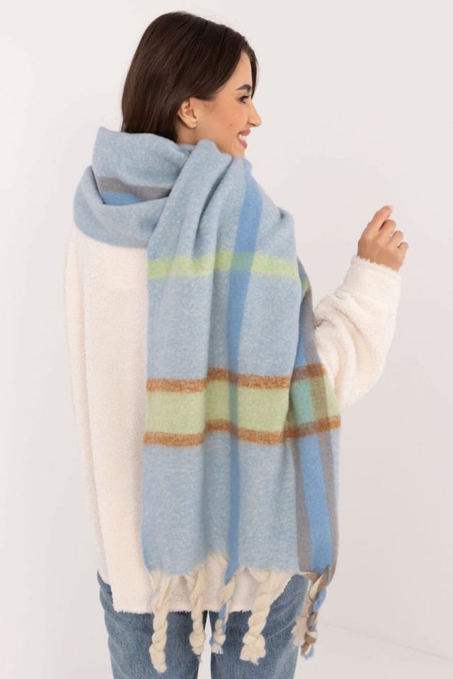Love Lace Love Lace Women's Elegant Checkered Polyester Scarf with Tassels for Winter in Blue - 3