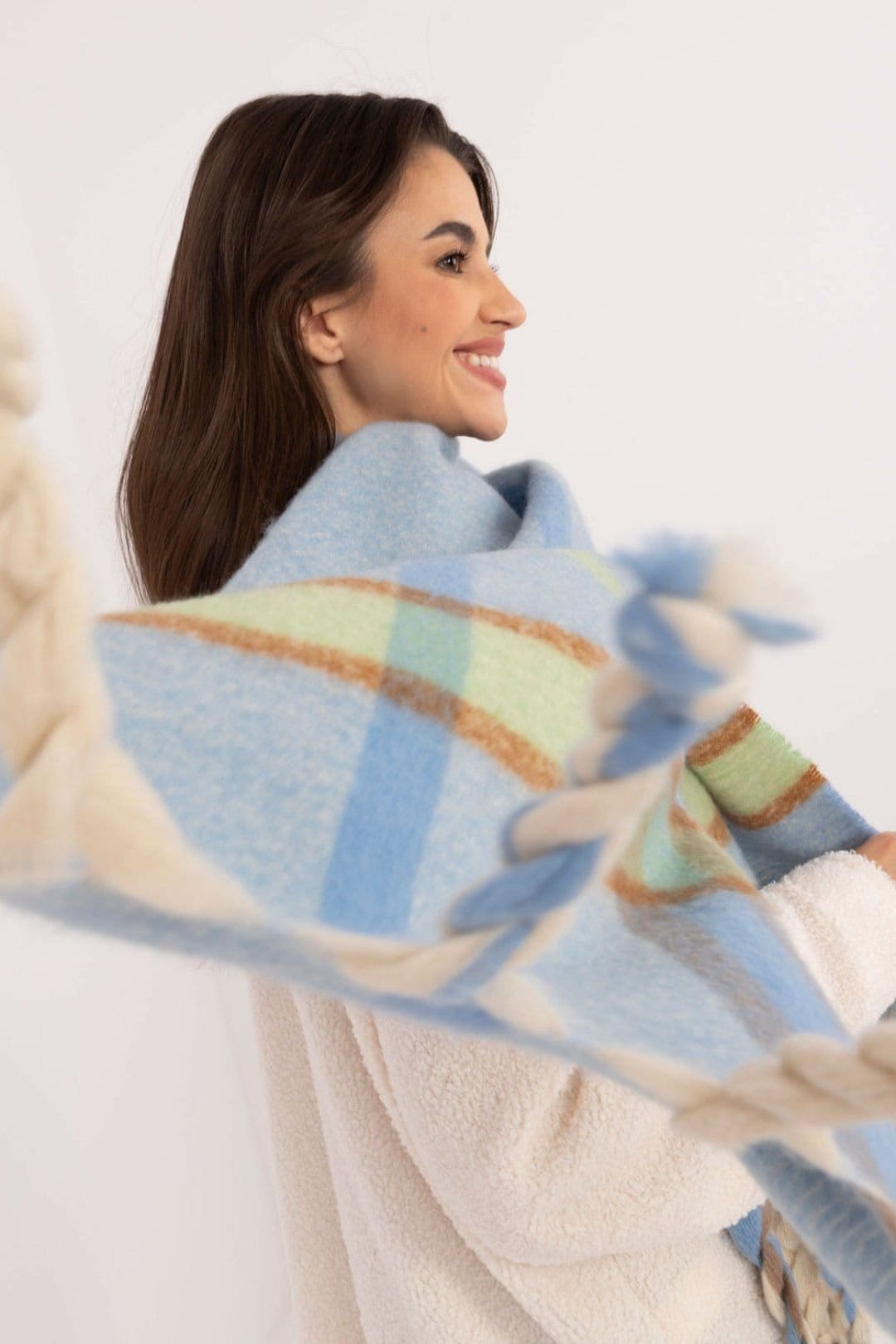 Love Lace Love Lace Women's Elegant Checkered Polyester Scarf with Tassels for Winter in Blue - 4