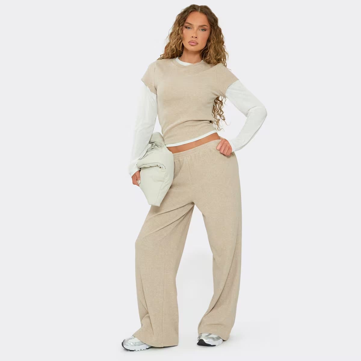 EGO Mid Rise Straight Leg Joggers In Stone Soft Brushed Rib, Women's Size UK 6