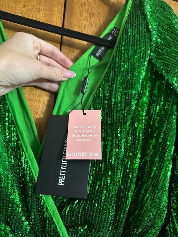 PrettyLittleThing Green Sequin Draped Shoulder Plunge Neck Dress – Size 12