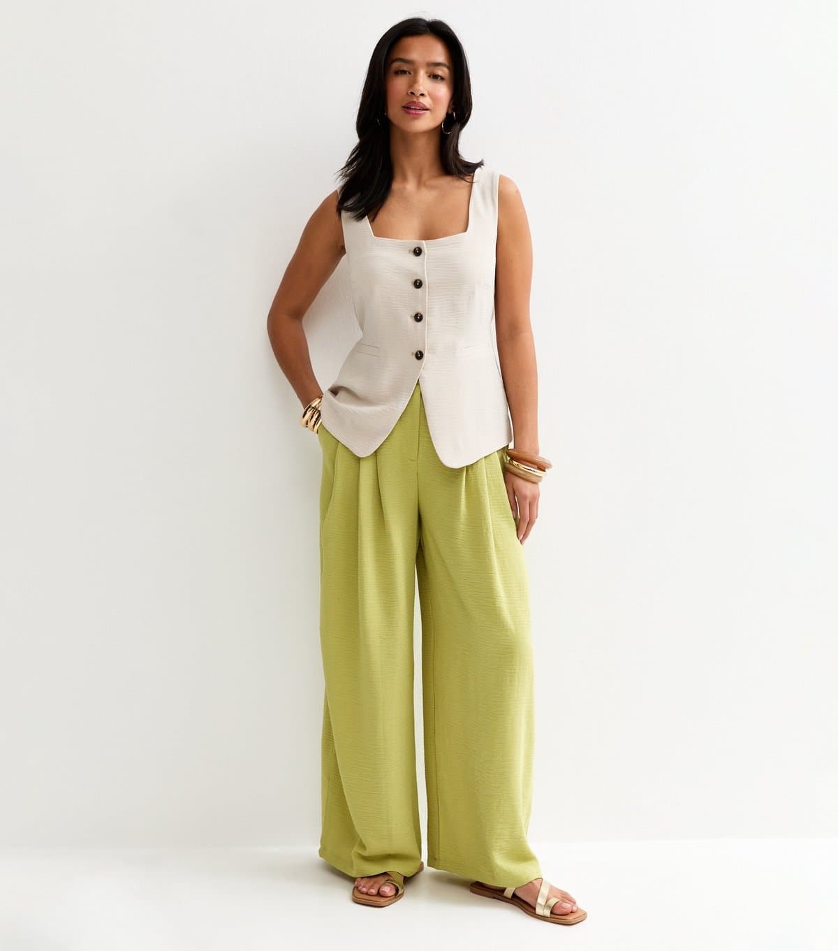 New Look Women's Petite Light Green Pleated Wide Leg Trousers New Look