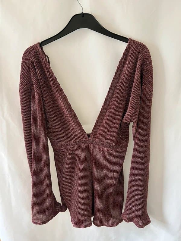 PrettyLittleThing PrettyLittleThing Metallic Burgundy Plunge Playsuit - Size 6