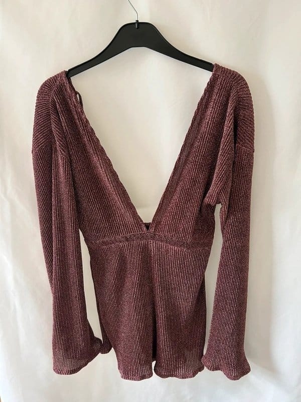 PrettyLittleThing Burgundy Metallic Plunge Playsuit - Size 6