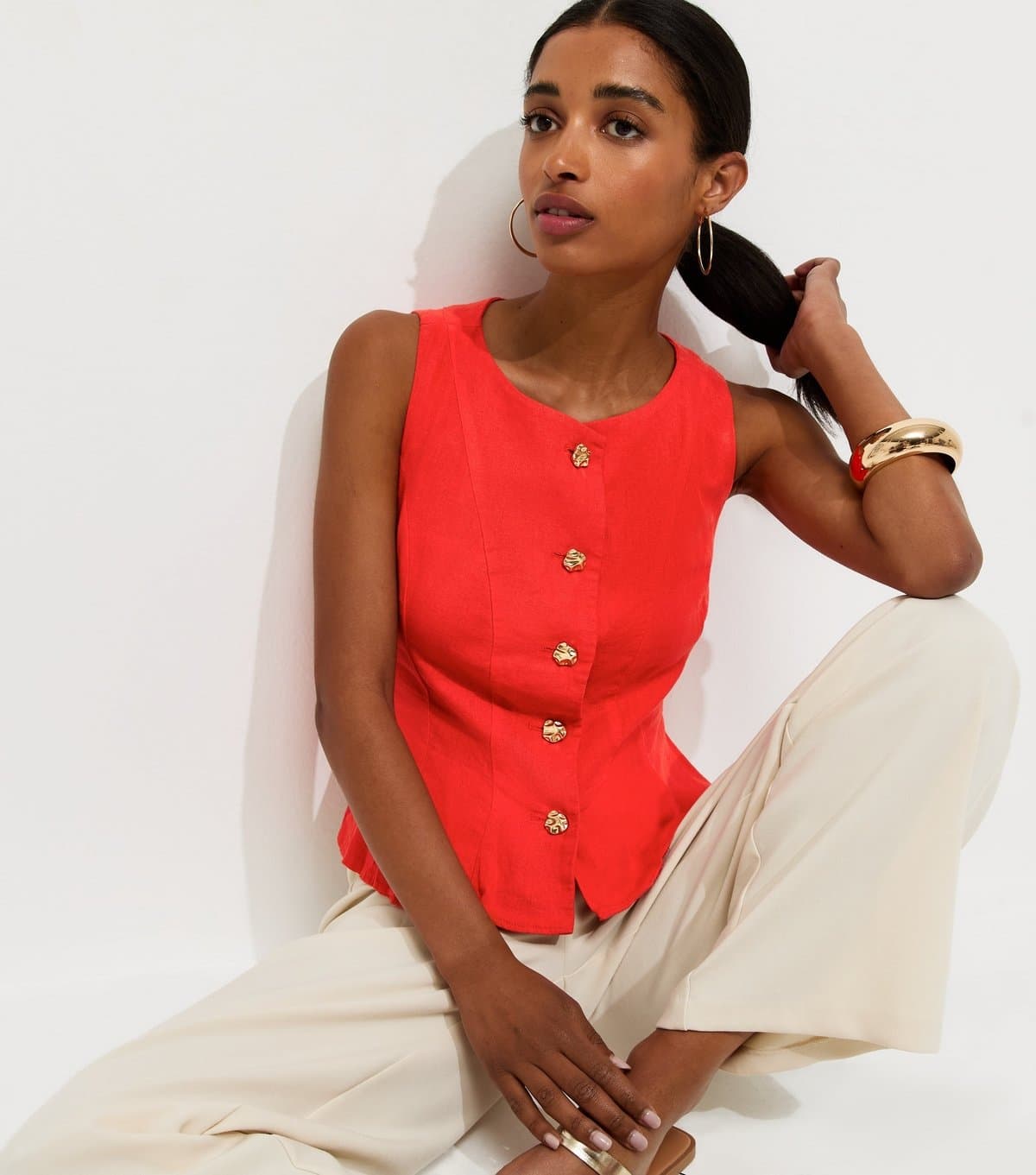 New Look Women's Bright Red Linen Rich Gold Tone Button Waistcoat New Look