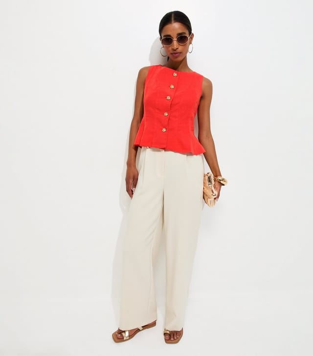 New Look Women's Bright Red Linen Rich Gold Tone Button Waistcoat New Look - 2