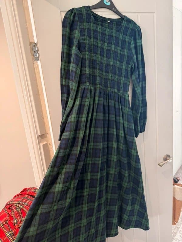 petalush Green tartan 3/4 sleeve tiered maxi dress S