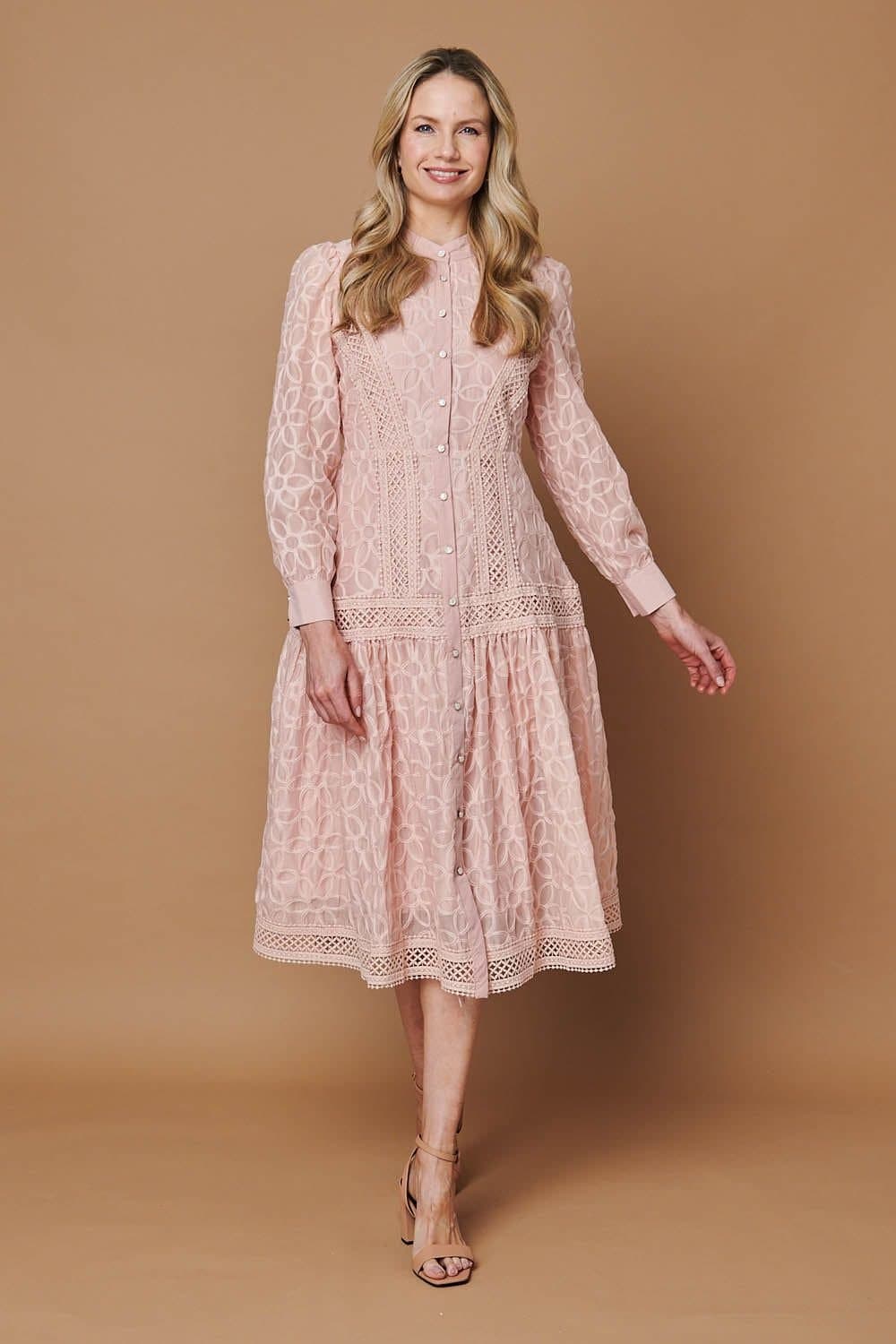 Izabel London Izabel London Women's Embroidered Lace Long Sleeve Midi Dress in Pink