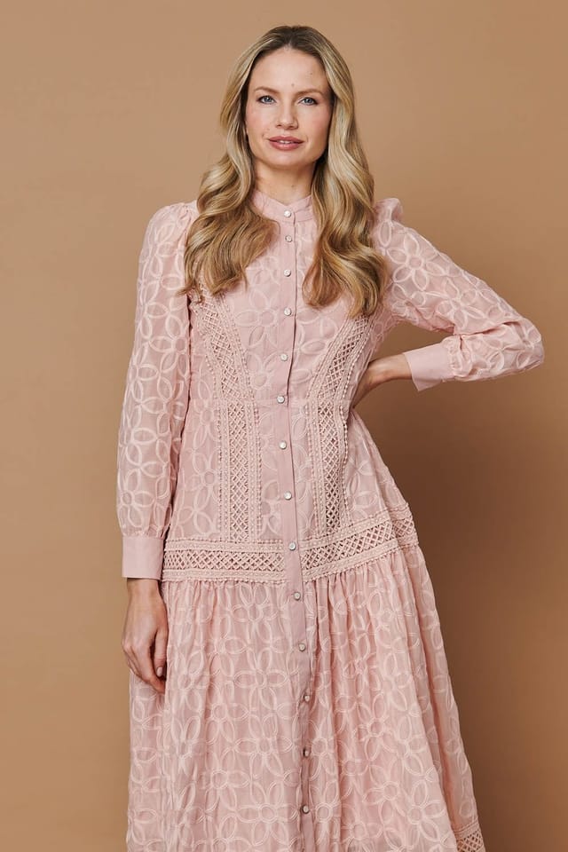 Izabel London Izabel London Women's Embroidered Lace Long Sleeve Midi Dress in Pink - 2