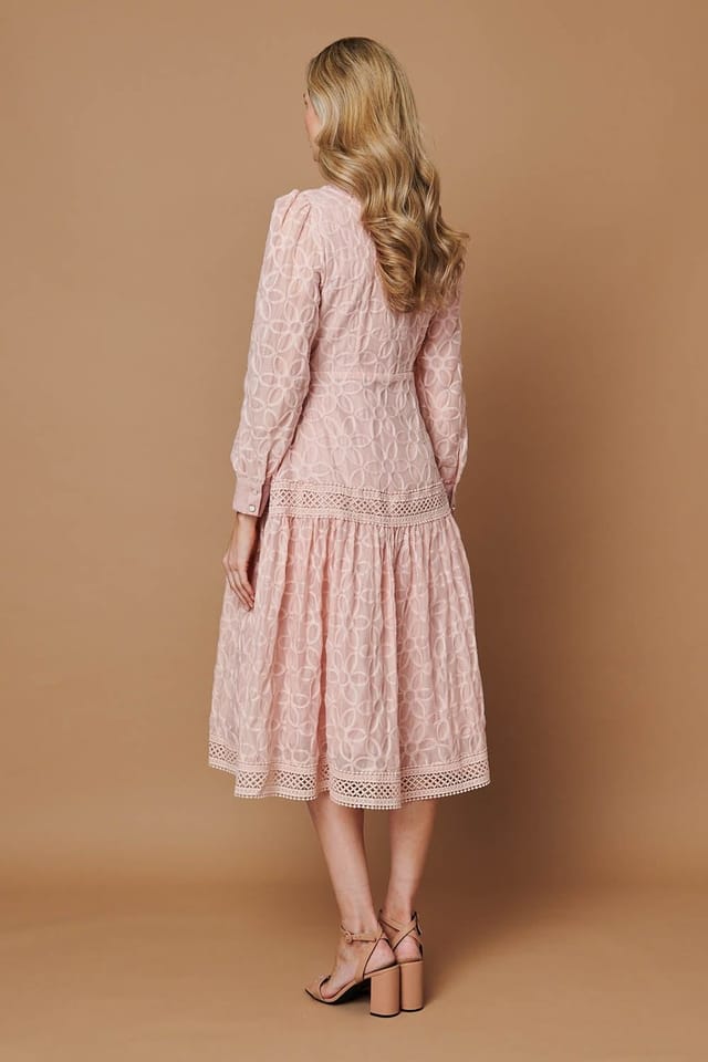 Izabel London Izabel London Women's Embroidered Lace Long Sleeve Midi Dress in Pink - 3