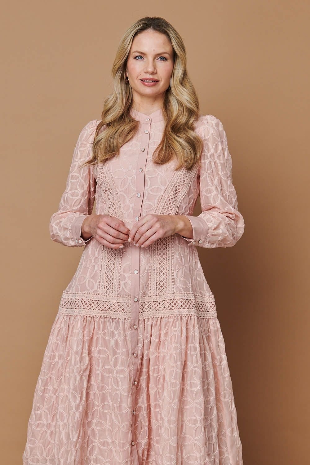Izabel London Izabel London Women's Embroidered Lace Long Sleeve Midi Dress in Pink - 4