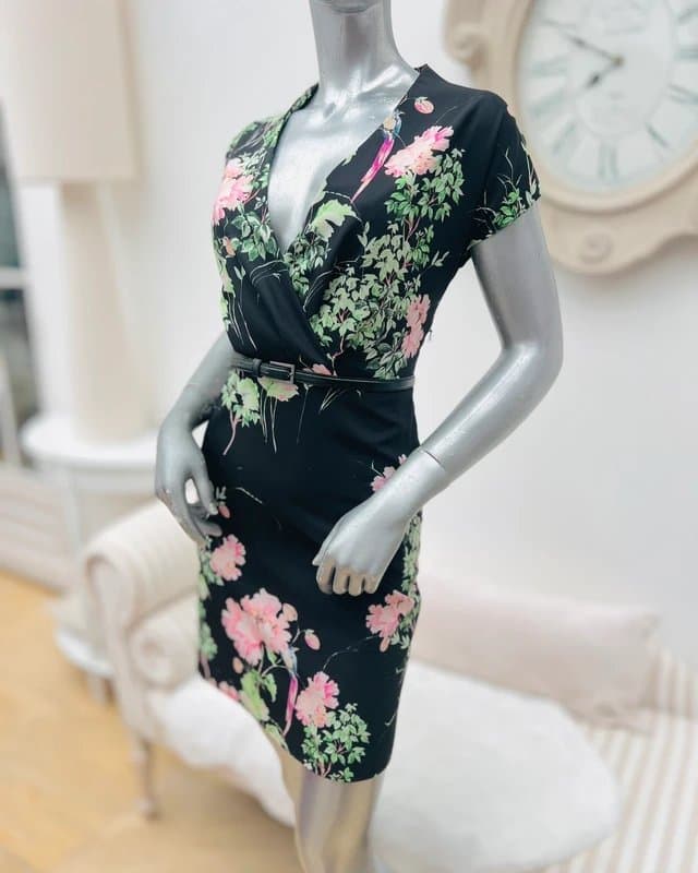 Karen Millen Karen Millen black pink floral belted dress 10