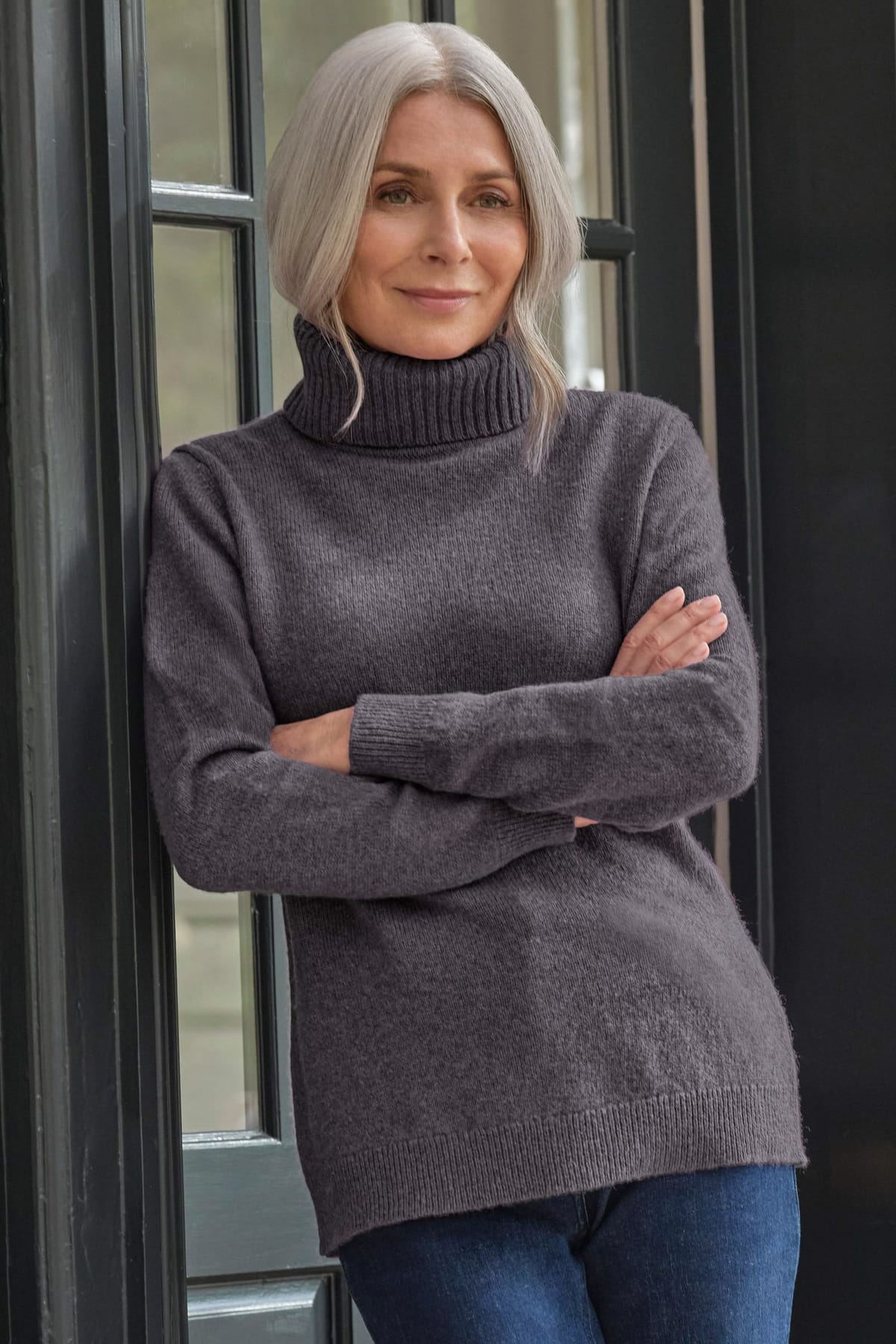 WoolOvers WoolOvers Women's 100% Wool Polo Neck Jumper in Dark Grey - 1