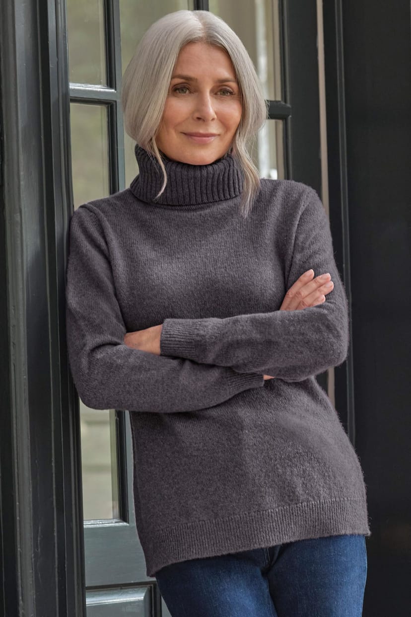 WoolOvers WoolOvers Women's 100% Wool Polo Neck Jumper in Dark Grey - 1