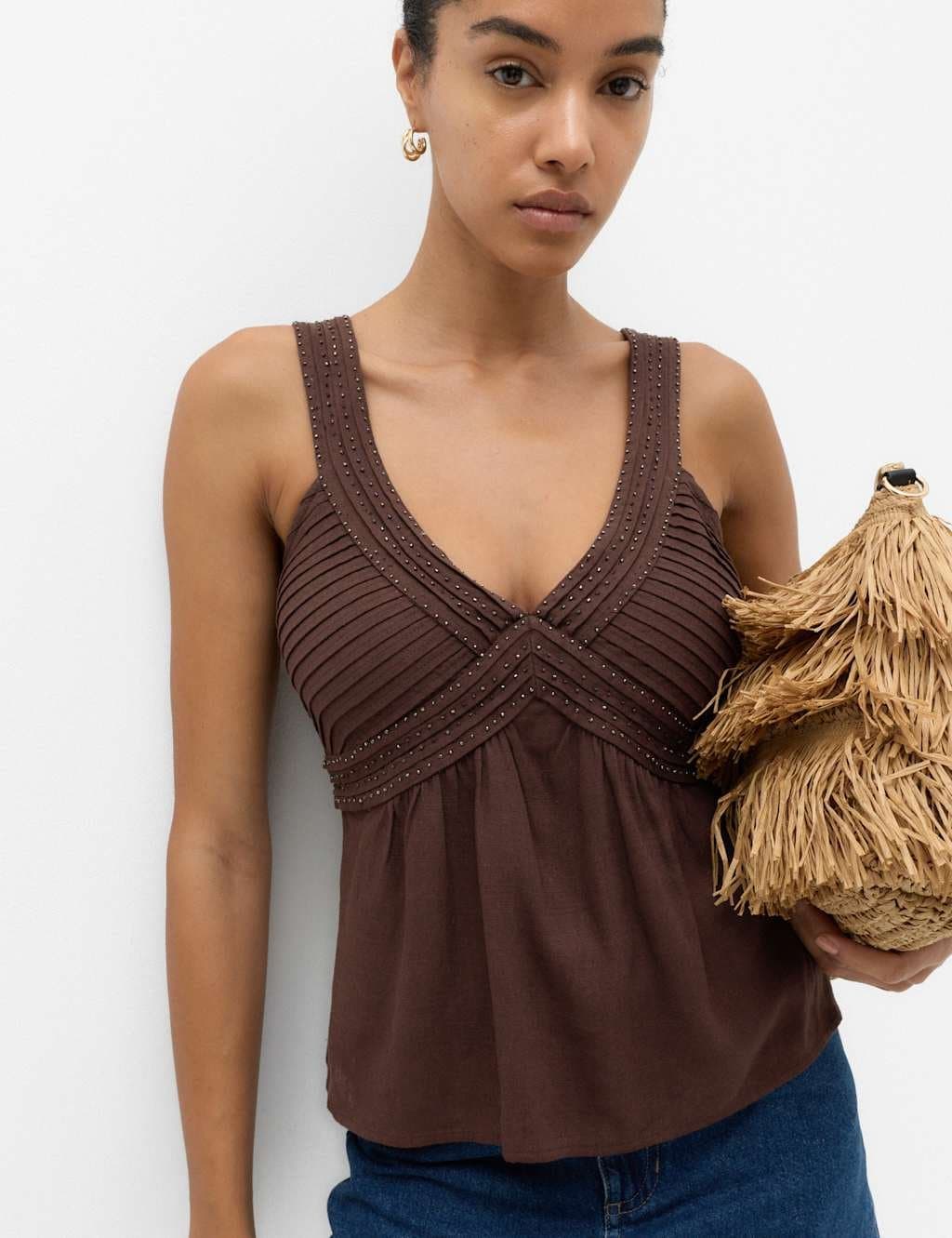 Marks & Spencer M&S Textured Beaded V-Neck Cami Top with Linen Peat
