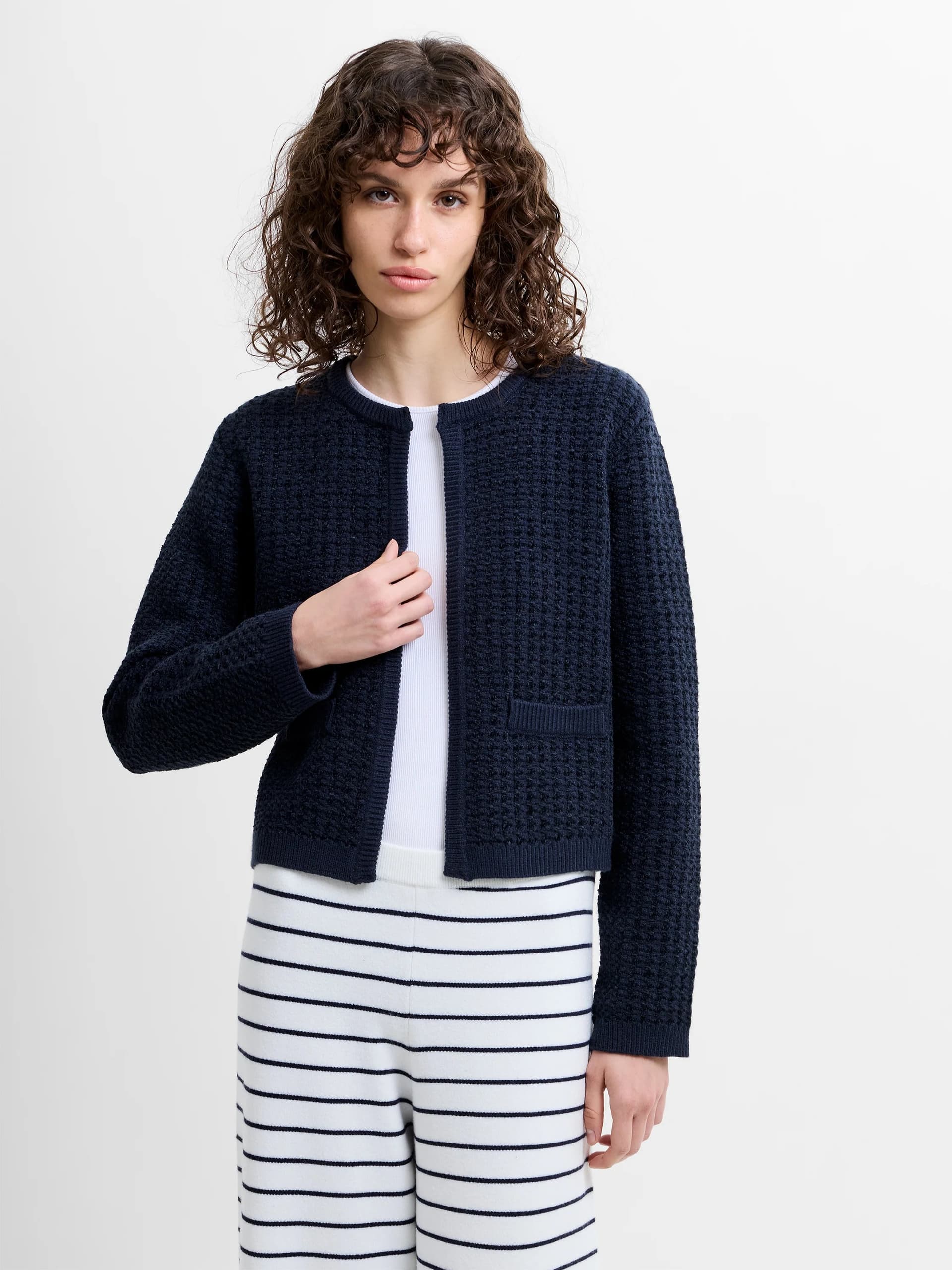 French Connection Noar Moss Stitch Knit Cardigan Navy Blue