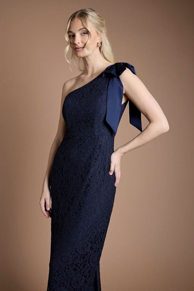 Coast Coast Women's One Shoulder Bow Detail Lace Bridesmaid Dress in Navy - 2