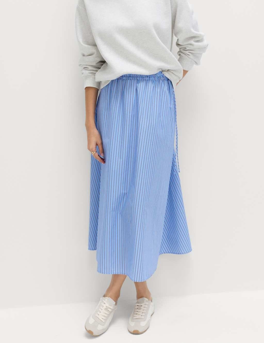 Marks & Spencer M&S Pure Cotton Poplin Striped Pleated Midi Skirt Blue Mix