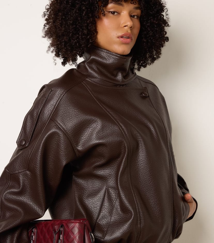Blue Vanilla Women's Dark Brown Faux Leather High Collar Jacket Blue Vanilla New Look - 1