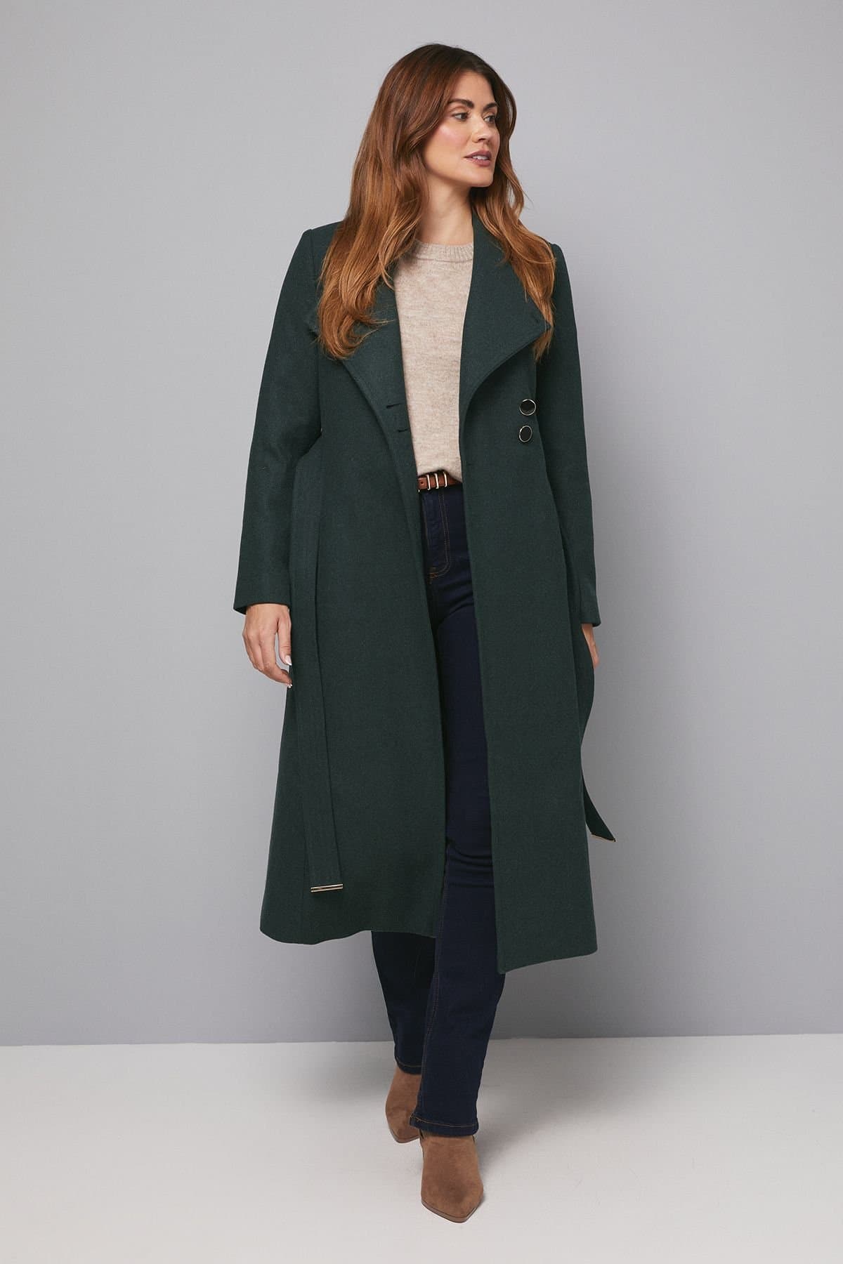 Wallis Wallis Women's Belted Maxi Coat in Green