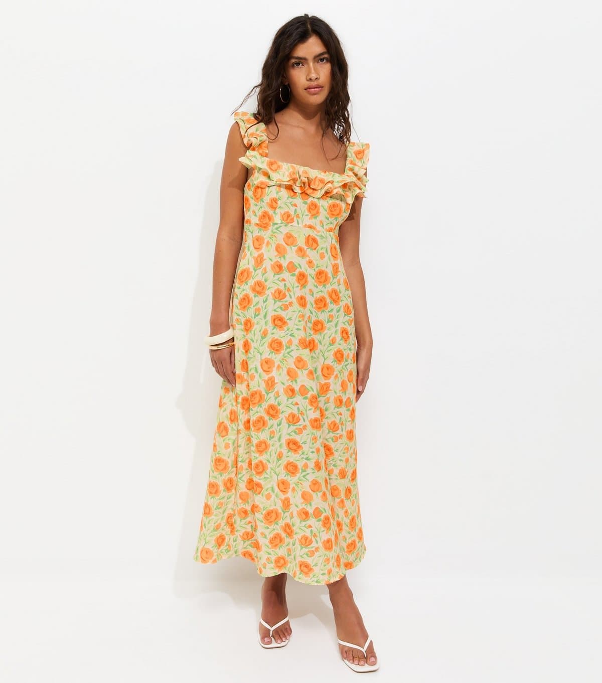 New Look Women's Bright Orange Floral Scoop Neck Ruffle Midi Dress New Look