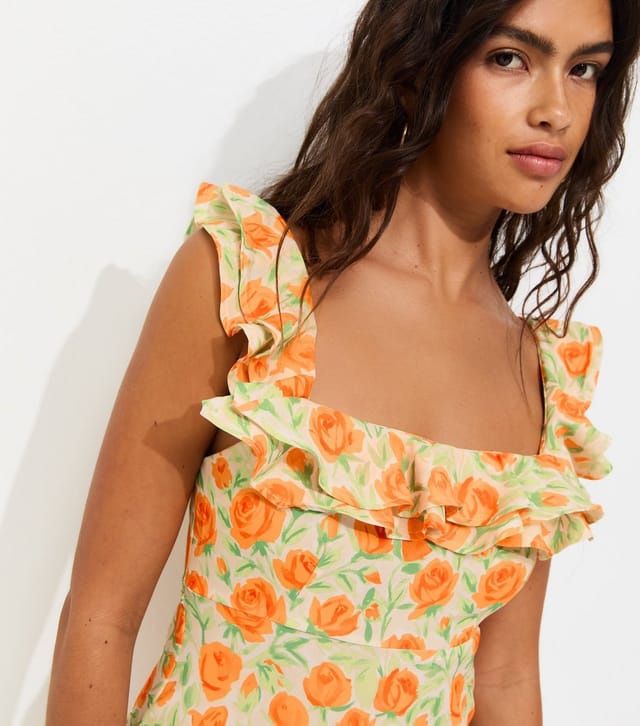New Look Women's Bright Orange Floral Scoop Neck Ruffle Midi Dress New Look - 2