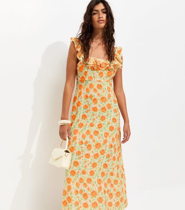 New Look Women's Bright Orange Floral Scoop Neck Ruffle Midi Dress New Look - 3