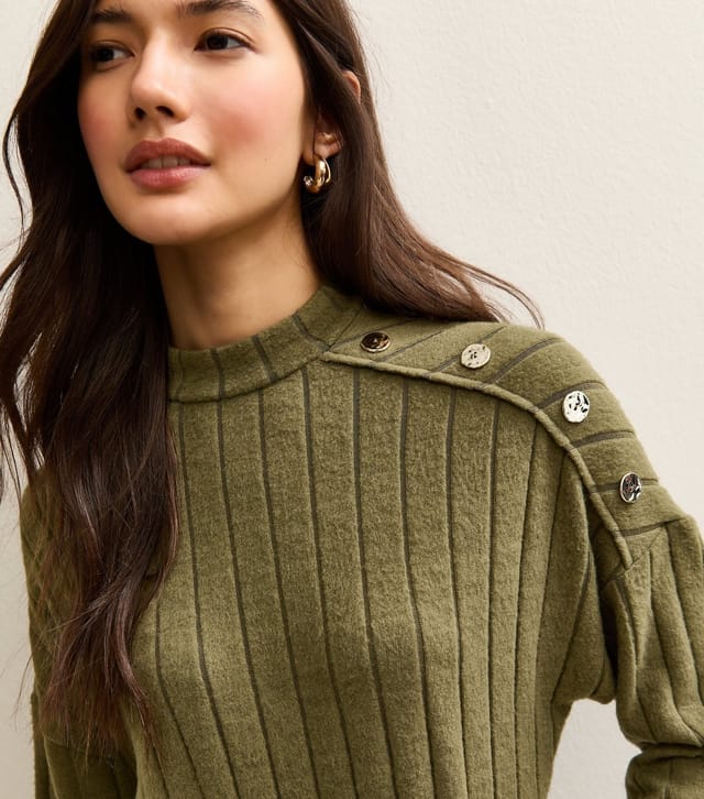 New Look Women's Dark Khaki Rib Buttoned Shoulder Mini Dress New Look - 2