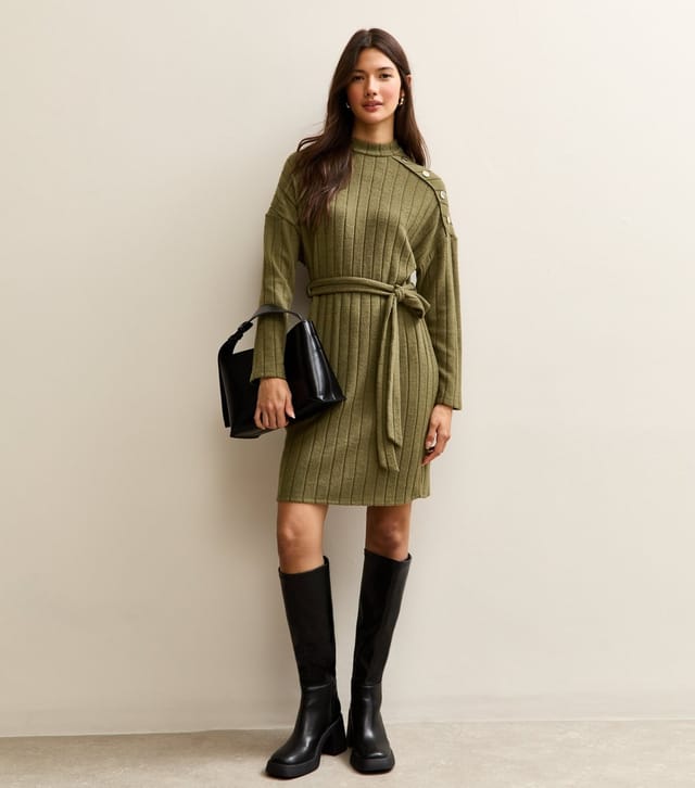 New Look Women's Dark Khaki Rib Buttoned Shoulder Mini Dress New Look - 3