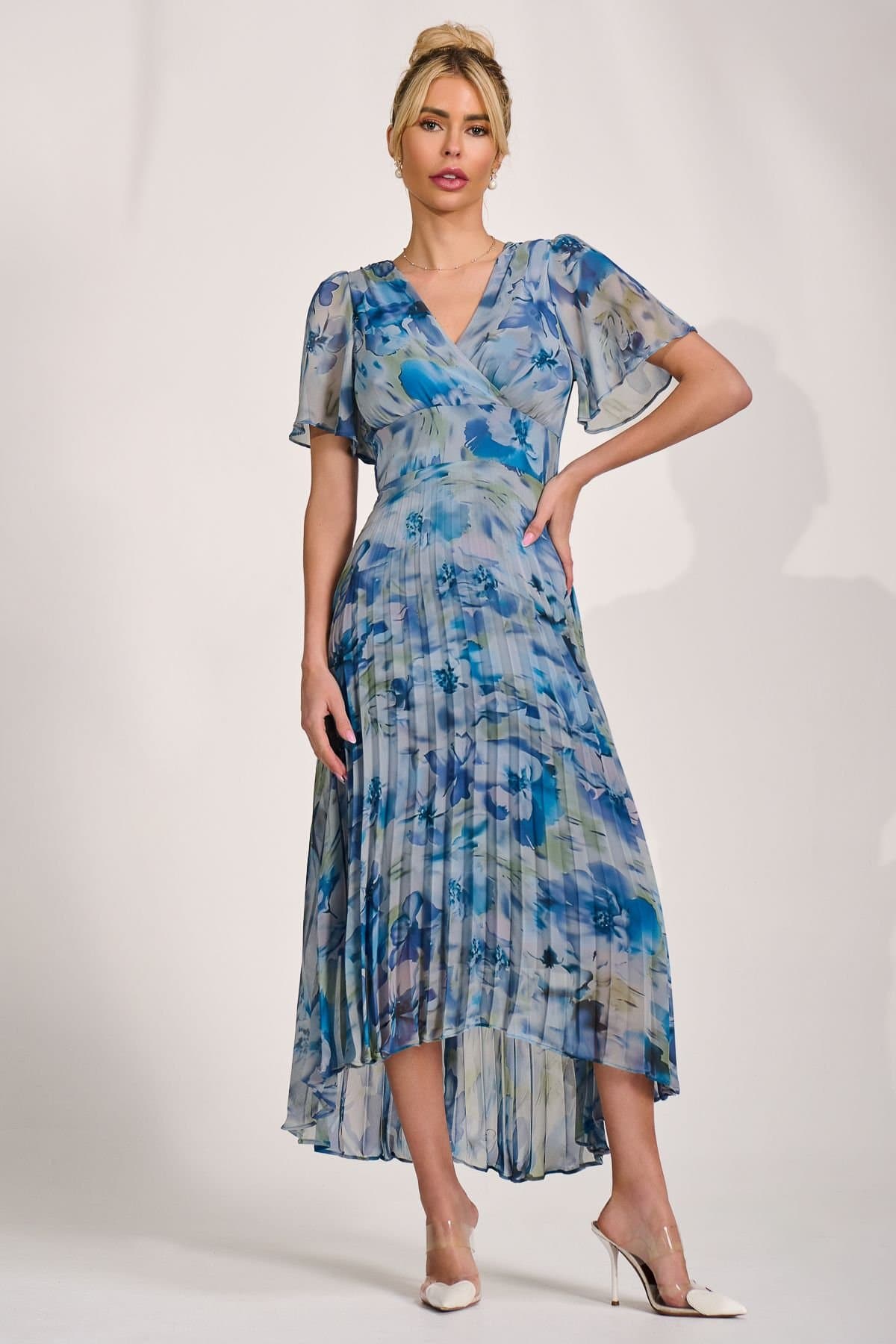 Jolie Moi Jolie Moi Women's Chiffon Pleated Maxi Dress in Bright Blue