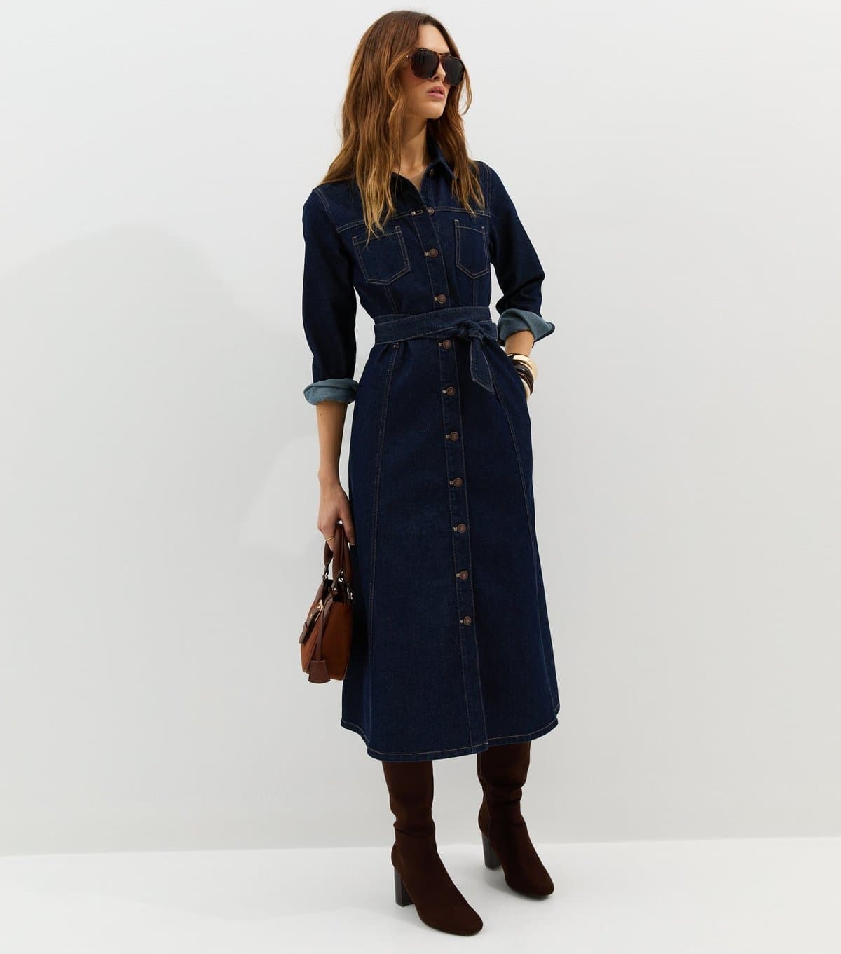 New Look Women's Navy Denim Long Sleeve Shirt Midi Dress New Look