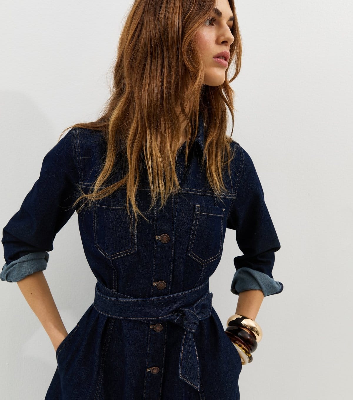 New Look Women's Navy Denim Long Sleeve Shirt Midi Dress New Look - 4