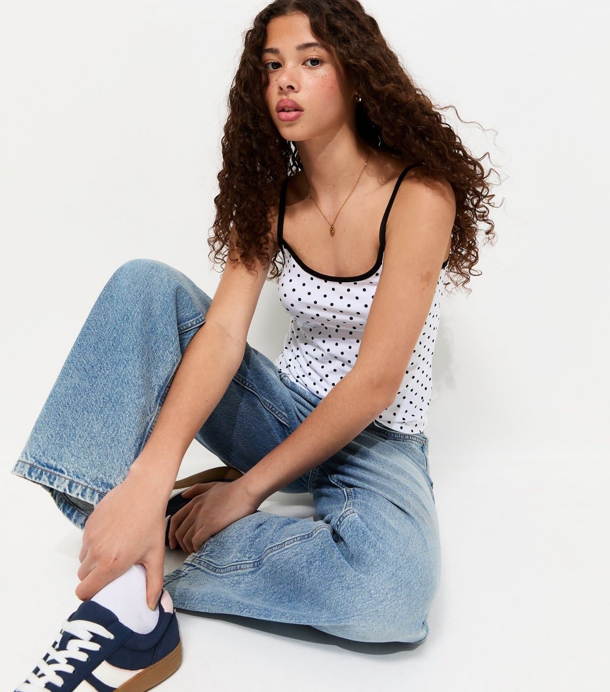 New Look Girls' White Polka Dot Stretch Cotton Scoop Cami Top New Look