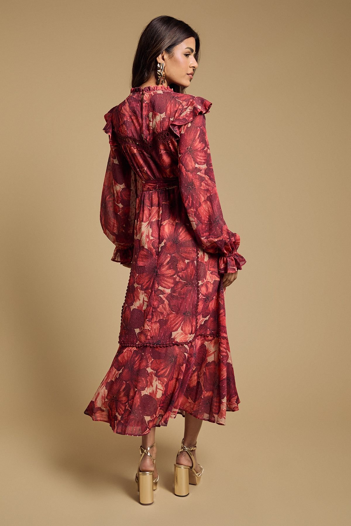 Oasis Oasis Women's Petite Printed Dobby Chiffon Belted Waist Midi Dress in Burgundy - 3