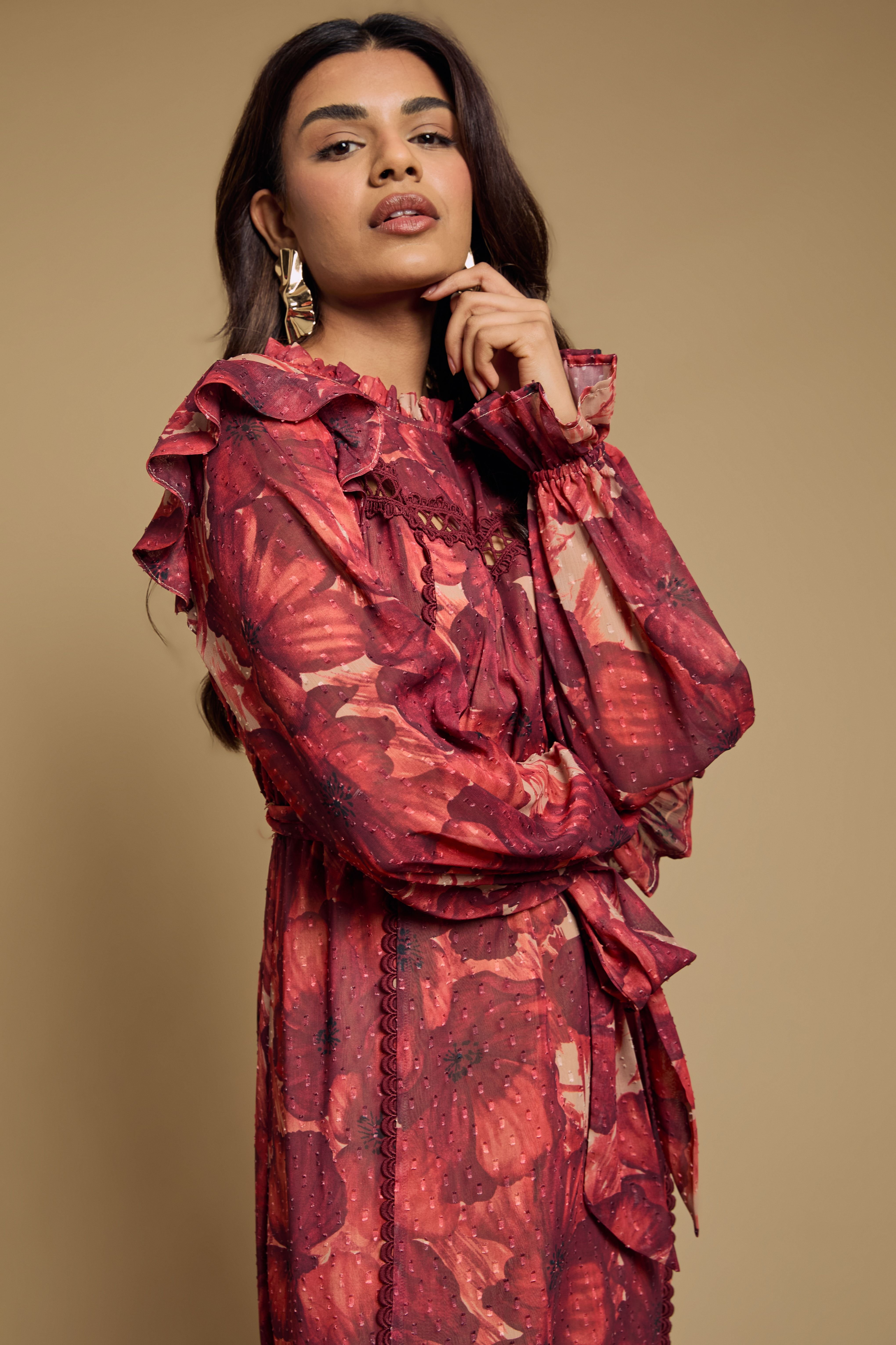 Oasis Oasis Women's Petite Printed Dobby Chiffon Belted Waist Midi Dress in Burgundy - 4