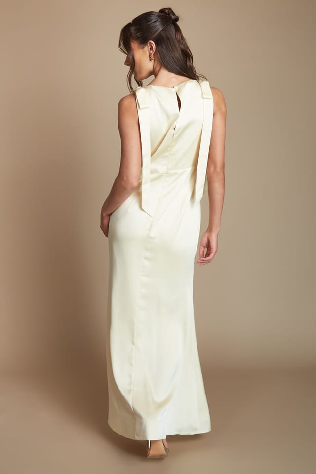 Coast Coast Women's Honoured Sleeveless High Neck Tie Shoulder Satin Maxi Bridesmaid Dress in Lemon - 3