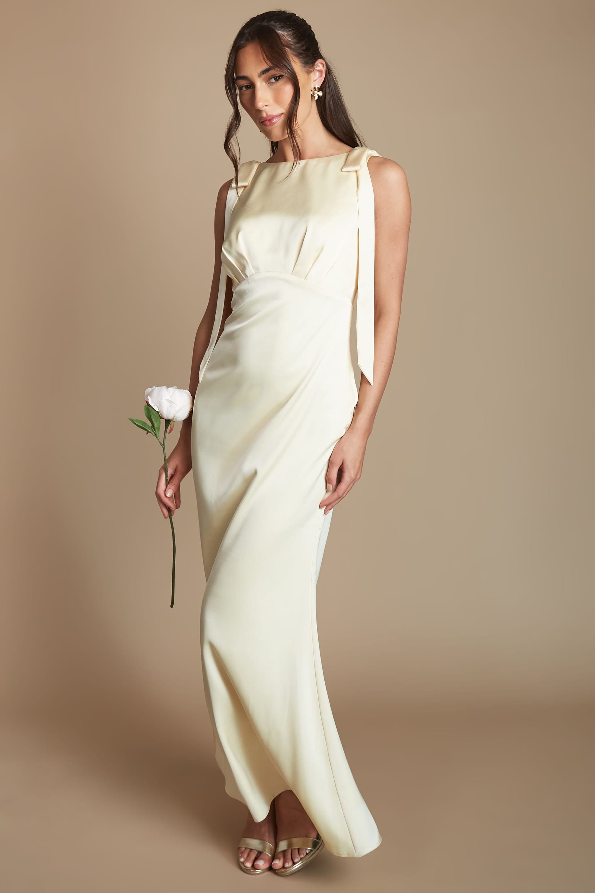 Coast Coast Women's Honoured Sleeveless High Neck Tie Shoulder Satin Maxi Bridesmaid Dress in Lemon - 4