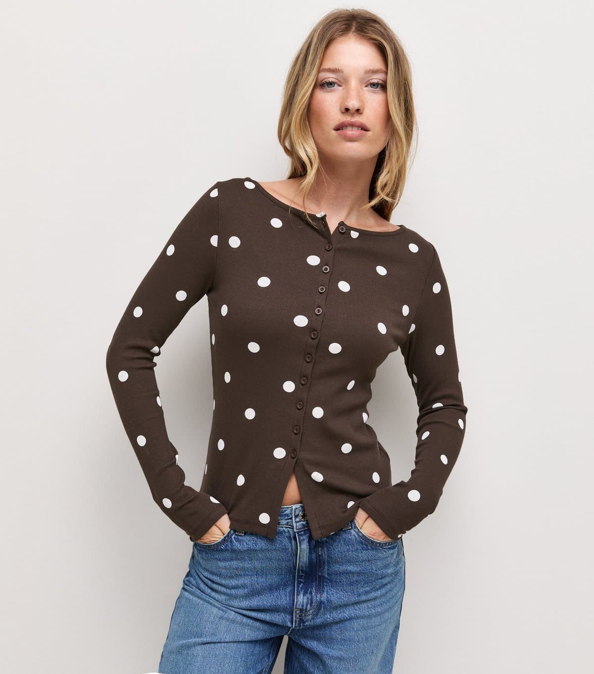 New Look Women's Brown Cotton Rich Polka Dot Button Through Long Sleeve Top New Look